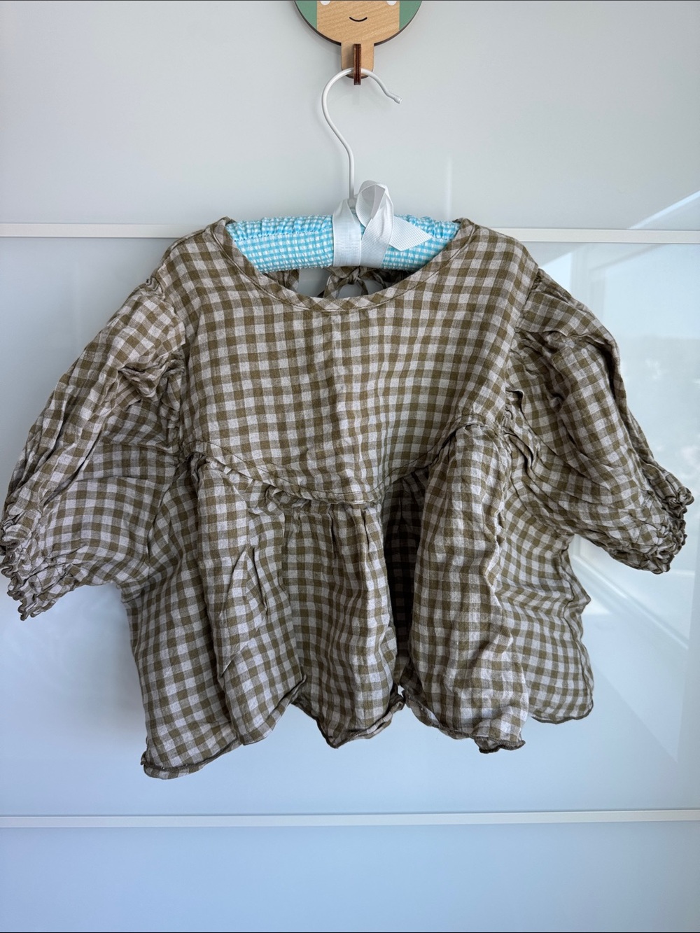 Tambere Plaid linen Peasant Top - Brown Check Kids Shirt size 8